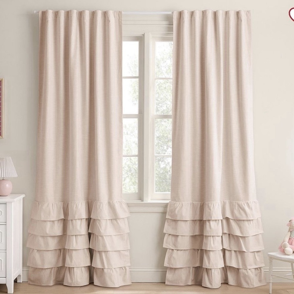 Pottery Barn Kids Curtains Thermal Insulated Blackout Pink Ruffle Linen 44x63